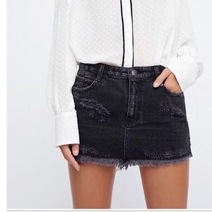 Free People Black Denim Distressed Mini Skirt